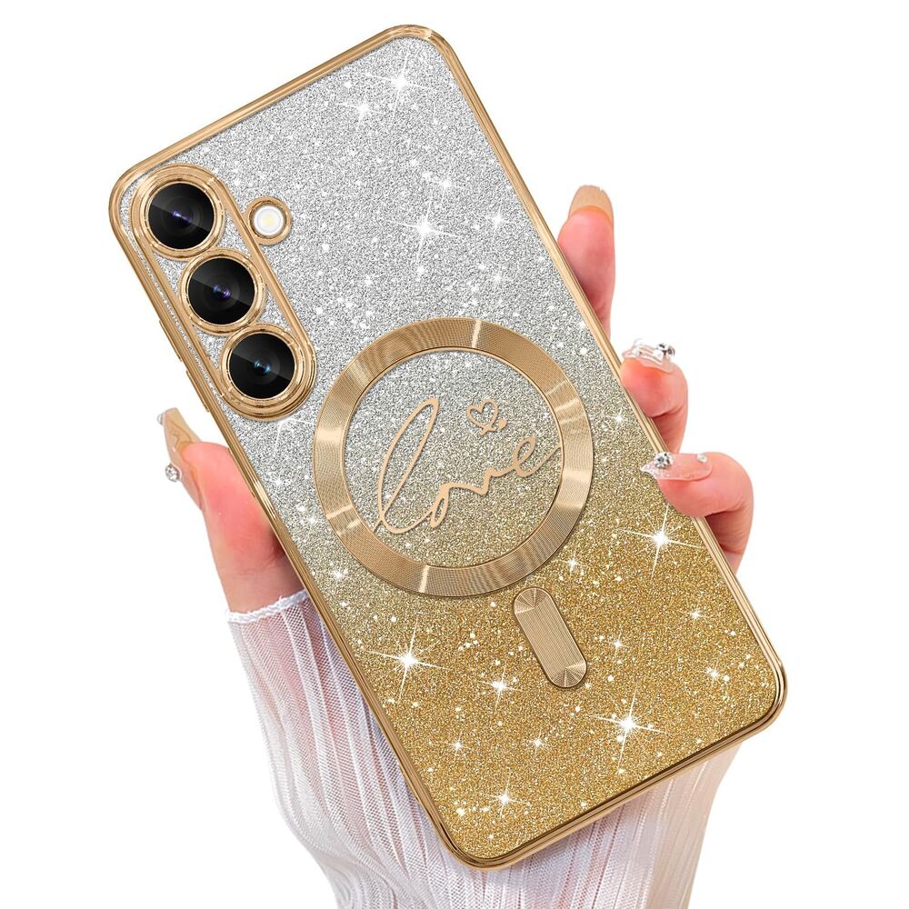 Galaxy S25 Glitter Case Luxury Plating Love Heart  Clear Case, 20K-175PH013